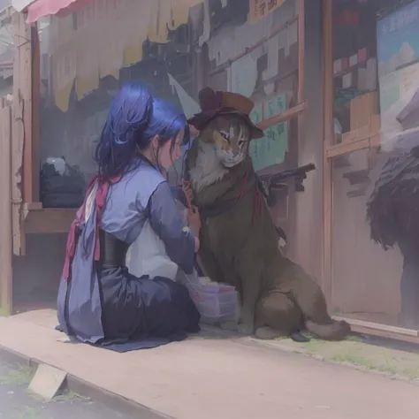 Anime-style image of a woman sitting on a bench with a cat, Gweiz-style artwork, Painted in an anime artist&#39;s studio, Roysh and wlop, Roysh art style, Low level of detail. Digital Painting, Created by Anime Painter Studio, Blurry dreamy illustration, B...