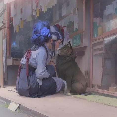 Anime-style image of a woman sitting on a bench with a cat, Gweiz-style artwork, Painted in an anime artist&#39;s studio, Roysh and wlop, Roysh art style, Low level of detail. Digital Painting, Created by Anime Painter Studio, Blurry dreamy illustration, B...