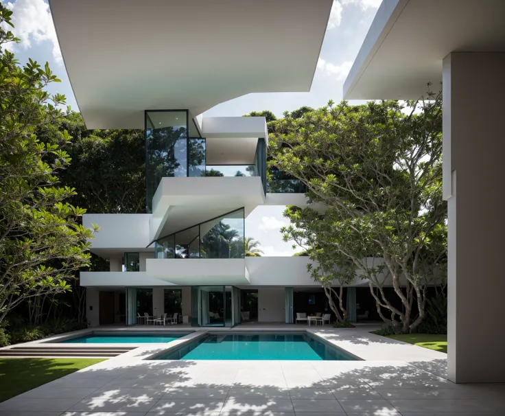 A wide angle shot shows the front view of a contemporary two-story villa with white walls and glass windows, design by Tadao ando,surrounded by lush greenery. It features an outdoor pool area overlooking the ocean at natural light. Stone pathways lead to m...