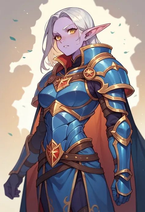 elf with purple skin, blue armor and cape, amber eyes