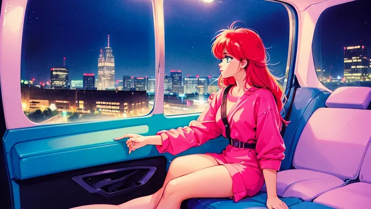 create a cg anime-style illustration of a very beautiful woman from the 1980s, sitting in the passenger seat of a car driving th...