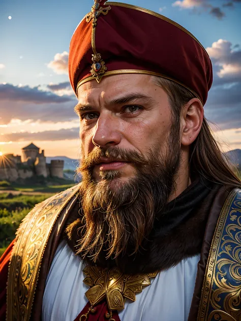 Magnificent portrait, photorealism, Ancient Russian warrior, Ilya Muromets, gray beard, long beard, brown eyes, wrinkles on the face, strong face, (national costume of the ancient Russian warrior)), looking at the viewer, (against the background of an anci...