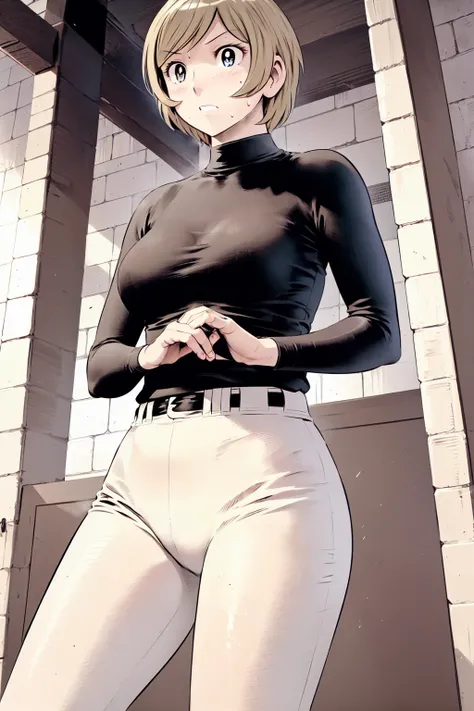 (野球uniform:1.2),
Blonde, (short hair:1.2),Long sleeve, Black Shirt, turtleneck,White trousers、uniform、Black belt、((Illustration of a person))、big 、
View your viewers,, (Highest quality:1.3),One Girl, White pants、uniform、Outdoor、baseball ground、ground、soil、...