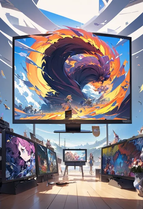 art in art, conceptual installation pop art, best quality, super fine, 16k, 2.5D, delicate and dynamic depiction, the image shows a dark gigantic sinister tornado. People and animals are depicted on monitor screen inside the tornado, when the image is cut ...