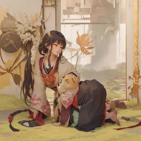 Animated scene of a woman kneeling with a cat on her lap, by Shimo, Zerochan Art, Artistic rendering of Reimu Hakurei, Beautiful artwork illustration, Pixiv contest winner, Pixiv, digital art on Pixiv, Gwaiz, Gwaiz on Pixiv artstation, artwork in the style...