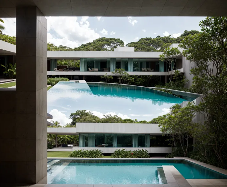 A wide angle shot shows the front view of a contemporary two-story villa with white walls and glass windows, design by Tadao ando,surrounded by lush greenery. It features an outdoor pool area overlooking the ocean at natural light. Stone pathways lead to m...