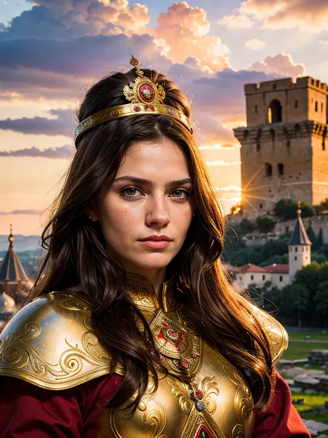 Magnificent portrait, photorealism, Ancient Russian hero, Woman, long hair,  brown eyes, wrinkles on the face, strong face, (national costume of the ancient Russian warrior)), looking at the viewer, (against the background of an ancient fortress), cloudy s...