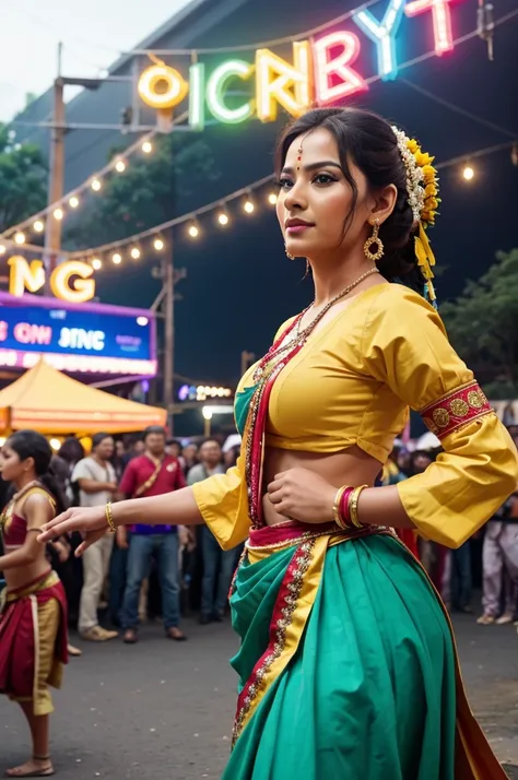 

1. **Image Type**: Photorealistic
2. **Setting**: Vibrant festival scene with colorful lights.
3. **Main Subjects**: A traditional dancer in mid-performance, with a backdrop of a festive crowd.
4. **Text Placement & Style**: Text "Tripura o Tripura" in b...