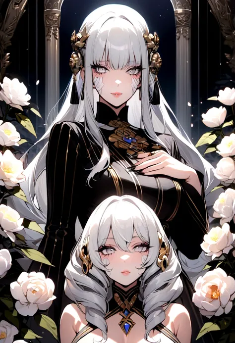 masterpiece, Amazing girl, Night Moon Full Moon, 1 female, Mature woman, elder sister, Royal elder sister, cold noodle, Poker face, Silver-white hair woman, Light pink lips, calm, Intellectuals, Three-banded grey eyes, Assassin&#39;s Dagger, Flower ball ba...