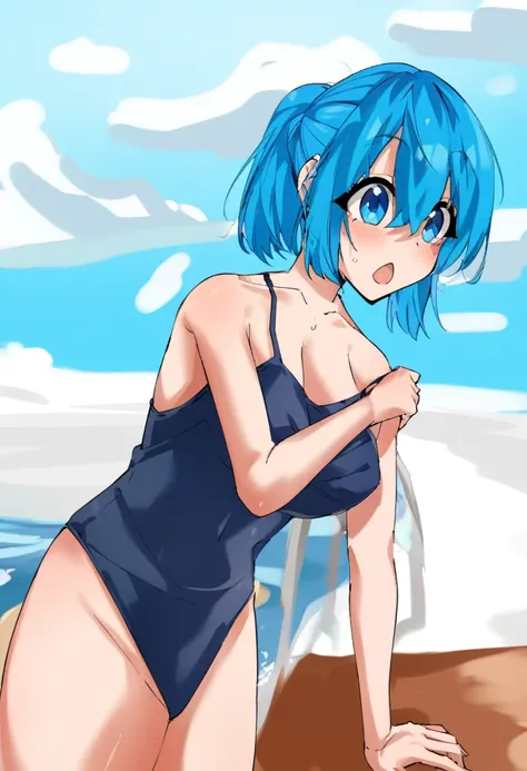 anime girl in a swimsuit on the beach with a blue hair, is wearing a swimsuit, short blue haired woman, 2 d anime style, beautiful blue haired girl, anime moe artstyle, girl with blue hair, rei ayanami, with blue hair, anime girl with teal hair, inspired b...