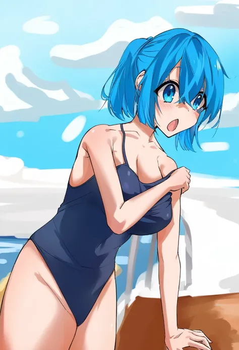 anime girl in a swimsuit on the beach with a blue hair, is wearing a swimsuit, short blue haired woman, 2 d anime style, beautiful blue haired girl, anime moe artstyle, girl with blue hair, rei ayanami, with blue hair, anime girl with teal hair, inspired b...