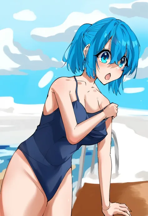 anime girl in a swimsuit on the beach with a blue hair, is wearing a swimsuit, short blue haired woman, 2 d anime style, beautiful blue haired girl, anime moe artstyle, girl with blue hair, rei ayanami, with blue hair, anime girl with teal hair, inspired b...