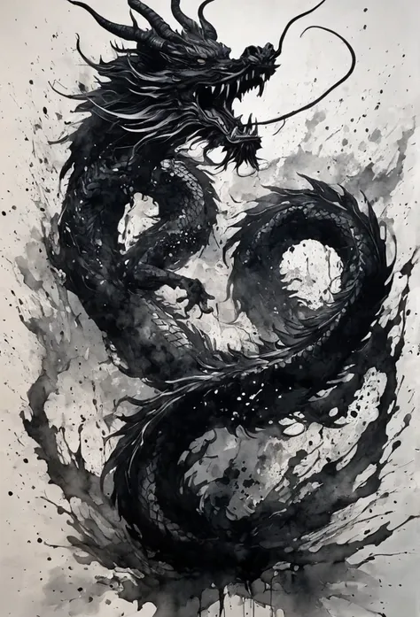 Black and white painting,Ink Painting,splash, Japanese Dragon ,disembowelment,