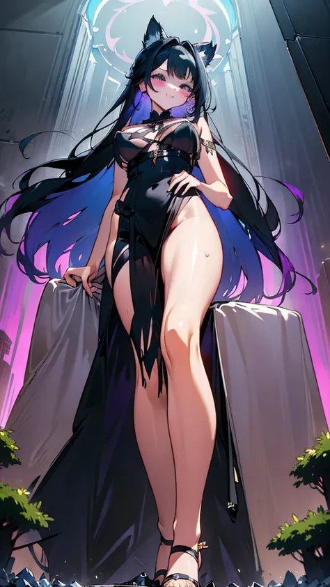 A seductive giantess in a flowing violet gown, with long raven-black hair and mesmerizing blue eyes, lounges on a giant throne in a moonlit forest. She sits with her legs draped over the armrests, her massive body crushing delicate foliage and tiny creatur...