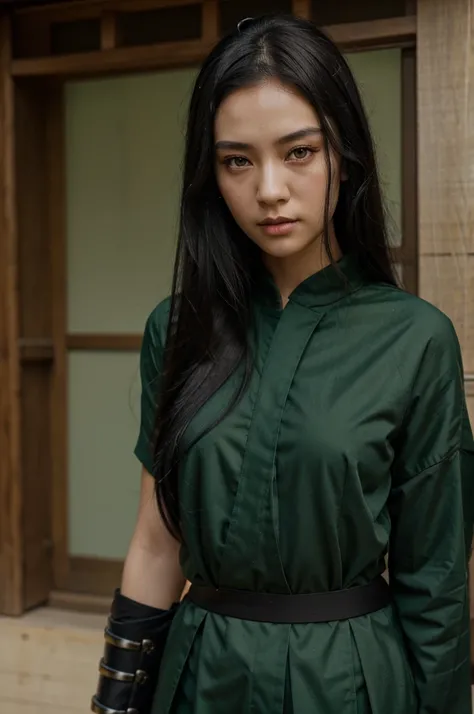 Girl, samurai, long black hair, green skin, green eye