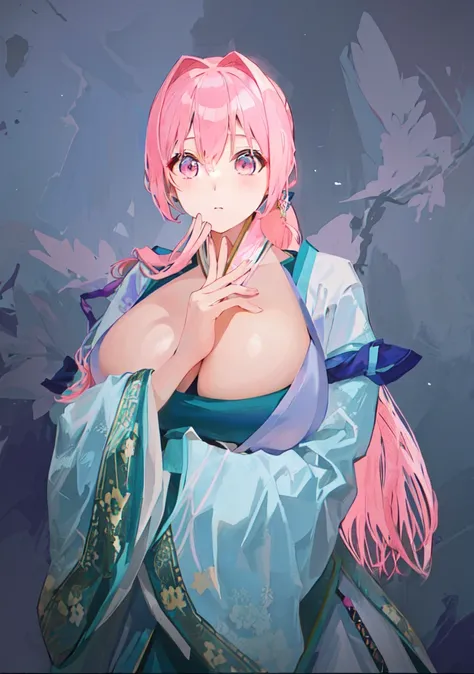 Pink Hair、Anime girl in blue dress poses for photo, Pink ponytail头发和粉色眼眸, Produced in collaboration with Anime Painter Studio, In the anime painter studio, Portrait of the Knights of the Zodiac,  Sonison，超级Sonison，Celluloid，Three Kingdoms，Chinese style，ant...