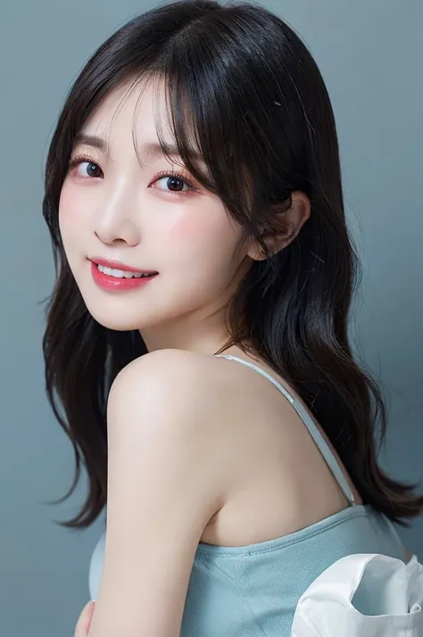 ((big laugh)), high-level image quality、20 year old Korean girl photo, raw, cute face, (black bob hair), )((Portrait)),  (dull blue background:1.4), ((Detailed face:1.2)), ((A detailed face Characterized by fine skin), pale skin, , (cold color), moist, moi...