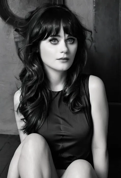 a woman looks like zooey deschanel   in her 30s, sensual fine art nude, monochrome, dramatic lighting, high contrast, minimalist...