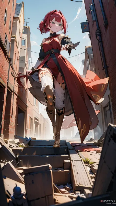 in a medieval village, a giantess in a flowing red gown strides through the streets. her every step sends villagers fleeing in t...