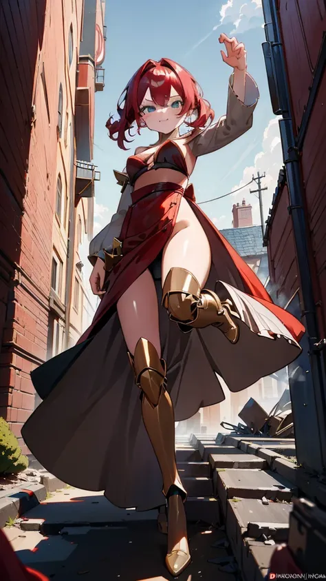 in a medieval village, a giantess in a flowing red gown strides through the streets. her every step sends villagers fleeing in t...