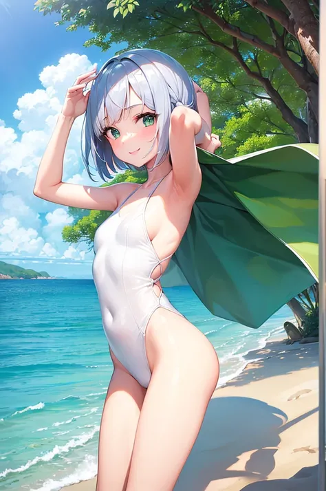 1 girl, beautiful girl, cute girl and idol face, smile, white skin, ((white swimsuit)), short and bob cut hair, shiny silver hair, Only one strand of hair that flips out, beautiful green, eyes, beautiful body, Summer Sea, Seaside, bathing beach, Girl playi...