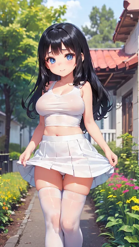 best quality,1girl,((big breasts:1.3)),((((petite,10 years old,,little girl:1.5)))),curvy,orgasm,blush,blue eyes,((black hair,long hair,straight hair,short two side up:1.1)),((white tank top,black skirt,mini skirt,lift skirt,upskirt,white panties,black thi...