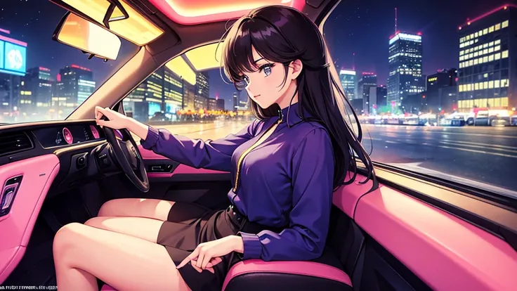 Create a CG anime-style illustration of a very beautiful woman from the 1980s, sitting in the passenger seat of a car driving through a nighttime cityscape. The woman should have an elegant and glamorous look typical of the 80s, with styled hair and fashio...