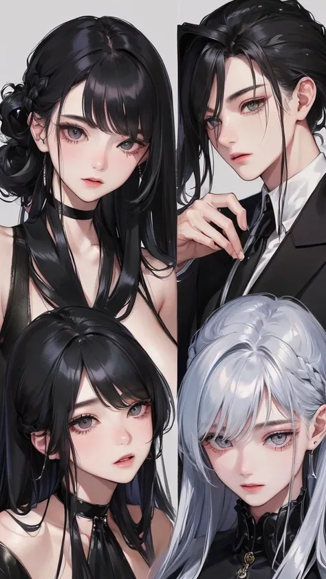 (Top resolution、Distinct_image)top-quality、femele、​masterpiece、highly detailed、Semi-realistic、silver eyes  、18year old、young、cool clothing、Exquisite facial features、Facial features、unique hairstyle, variations, potrait, a bar background,   Black hair , lon...