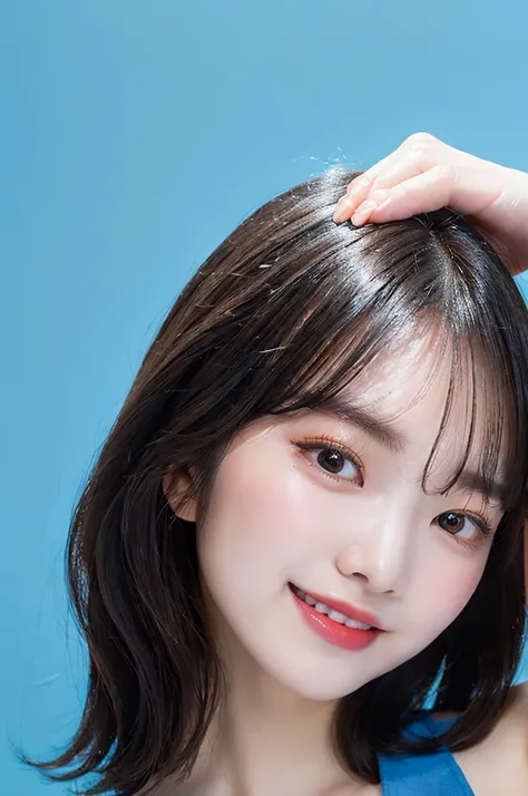 ((big laugh)), high-level image quality、20 year old Korean girl photo, raw, cute face, (black bob hair), )((Portrait)),  (sky blue background:1.4), ((Detailed face:1.2)), ((A detailed face Characterized by fine skin), pale skin, , (cold color), moist, mois...