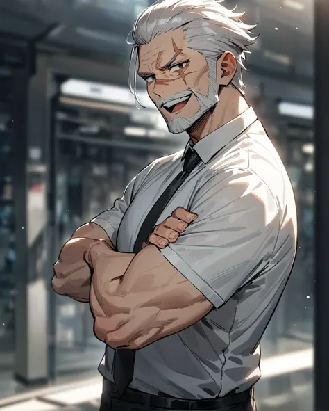 masterpiece, best quality, very aesthetic, absurdres, 1boys, old man, solo, silver hair, short hair, slicked back hair, black eyes, beared, white beared, black suit, white collared shirt, black necktie, black hat, smile, open mouth, upper teeth, brawny, cr...