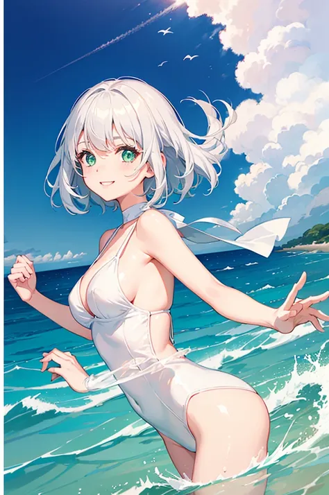 1 girl, beautiful girl, cute girl and idol face, smile, white skin, ((white swimsuit)), short and bob cut hair, shiny silver hair, Only one strand of hair that flips out, beautiful green, eyes, beautiful body, Summer Sea, Seaside, bathing beach, Girl playi...