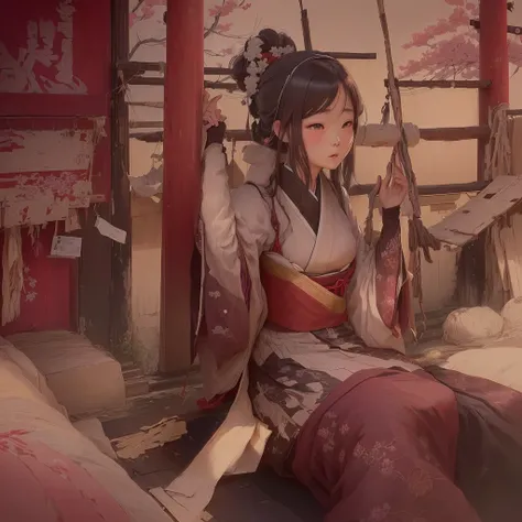 Anime girl in red and white dress sitting on bed, Gwaiz, Gwaiz on pixiv artstation, Gwaiz on artstation pixiv, Zerochan Art, artwork in the style of Gwaiz, feudal japan art, by Shimo, Painted in an anime artist&#39;s studio, Pixiv digital art 1. Scenery an...