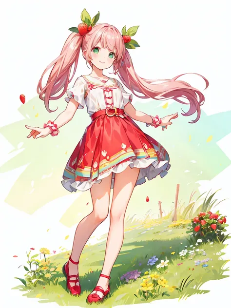 Full body ,Standing position,(realistic:1.37)、Octane rendering、morning park、Strawberry set、The girl has a twin tail hairstyle and a smile.、Strawberries fall from the sky、bright colors、soft sunlight、beautiful flowers、green grass、Fun atmosphere、Quiet environ...