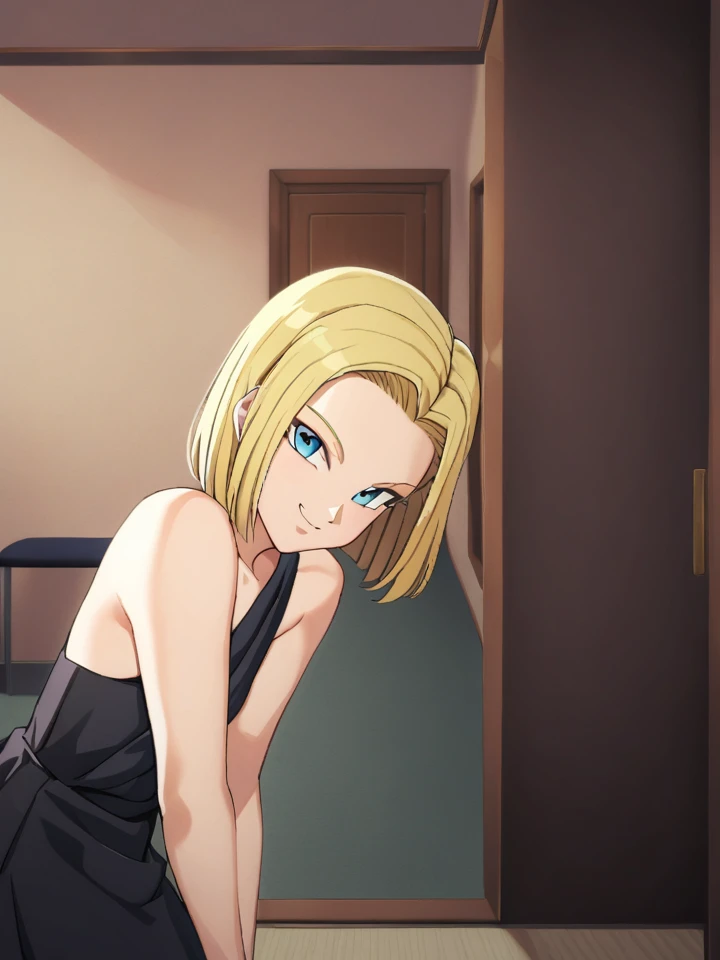 sysdeep_android18, 1girl, solo, breasts, looking_at_viewer, smile, short_hair, blue_eyes, blonde_hair, black_dress, indoor, 