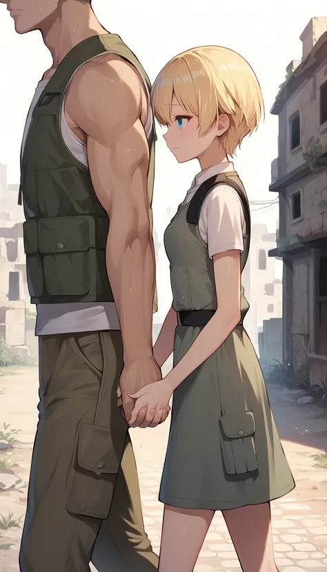 score_9, score_8_up, score_7_up, source_anime BREAK 
1girl, 14yo, _young, from side, small breasts, girl dirty dress, holding hands, hand in anothers hand, blonde short hair, grey eyes, sad face, town ruins, outdoors, walking, size difference, faceless mal...