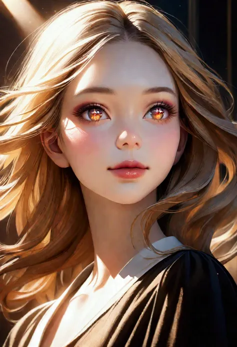 Ultra-detailed, Photorealistic, Beautiful detailed face of 4 young girl, Detailed eyes, detailed lips, long eyelashes, porcelain skin, perfect light and shadow, Feminine features, Golden hair, fluttering in the wind, Vivid colors, soft and delicate complex...