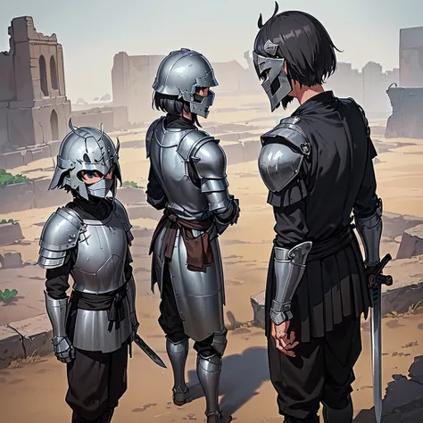 Best illustrations、Best Quality、(((Simple grey armor、Black trousers、Black glover.々Hairstyle、Mr.々Hair coron helmet、Iron Mask、Iron Helmet)、(((Grab the sword、Get Ready)))、(Old ruins、desert。Grass)、Fall to the floor、(Black, muddy swamp)、(中世の騎士が10 people)、(get a...