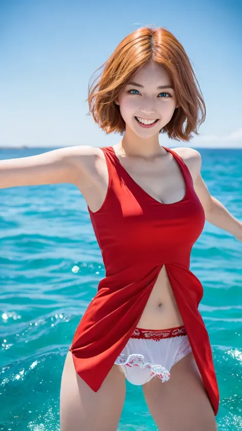 Best image quality、RAW Photos、Ultra-high resolution、young woman, Red Chinese Dress, Short orange hair, Big Blue Eyes, Dynamic pose, smile, Realistic, High definition, Ocean, whole body, Colorful background,underwear,Panty shot
