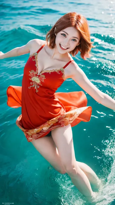 Best image quality、RAW Photos、Ultra-high resolution、young woman, Red Chinese Dress, Short orange hair, Big Blue Eyes, Dynamic pose, smile, Realistic, High definition, Ocean, whole body, Colorful background,underwear,Panty shot
