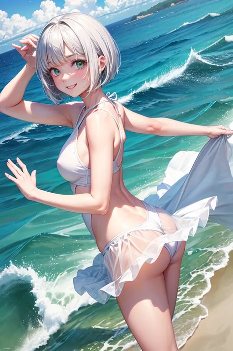 1 girl, beautiful girl, cute girl and idol face, smile, white skin, ((white swimsuit)), short and bob cut hair, shiny silver hair, Only one strand of hair that flips out, beautiful green, eyes, beautiful body, Summer Sea, Seaside, bathing beach, Girl playi...