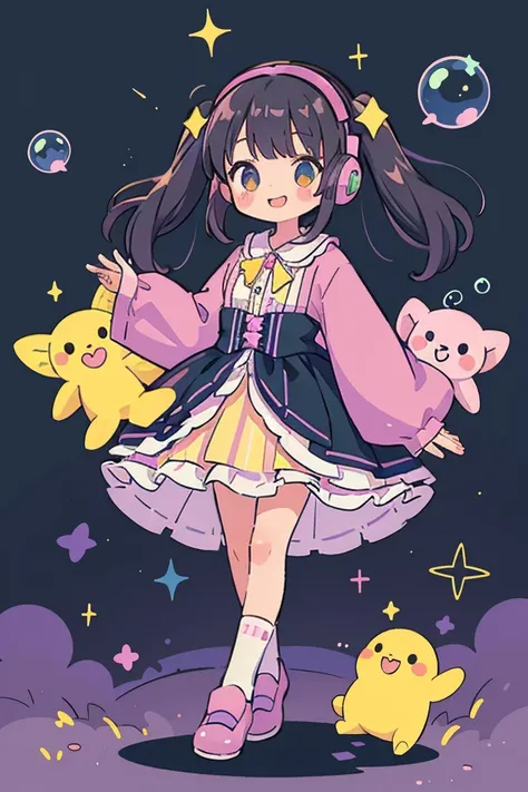 girl, alone, Black Hair,Twin tails,smile,Gothic Lolita,  sleeve, socks, Light pastel colors, (purple, green, pink, yellow), comfortable, dream-like, performer, Stickers, bubble, Sparkling, shine, stuffed toy, Headphones