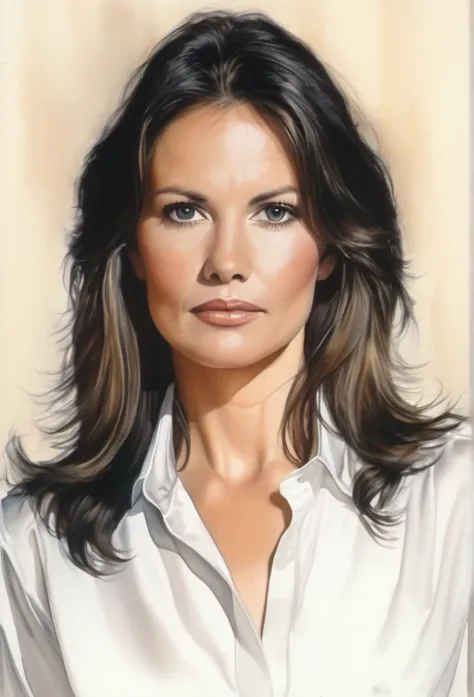 drawing of the face of a 35 year old woman,long hair,dark haired,white satin shirt