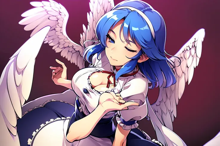 (best quality,4k,8k,highres,masterpiece:1.2), ultra-detailed, highly detailed texture, intricate details, A cute teenage angel with blue eyes, drawn in anime style, 1girl, , , 10 years old, medium blue hair, hair flaps, pink ribbon on head, well-formed fac...