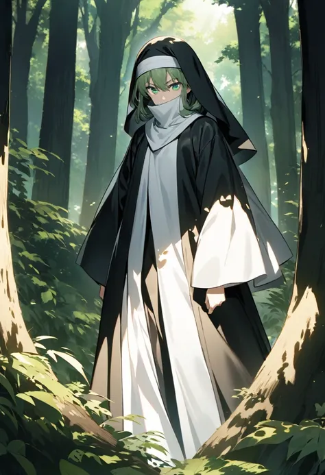 "An anime-style character with green eyes and a serious expression, wearing a black and white outfit that resembles a traditional Japanese nun or ninja uniform. The outfit includes a black robe with a white headband and a white cloth mask covering the lowe...