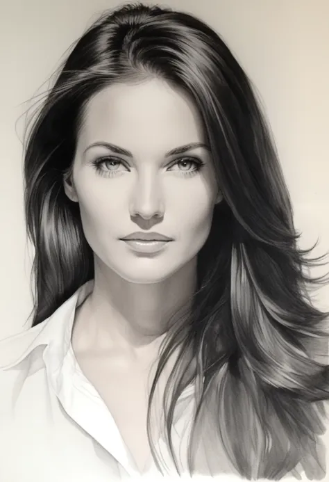 drawing of the face of a 35 year old woman,long hair,dark haired,white satin shirt