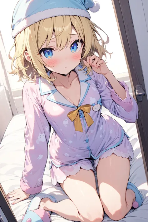 solo, cute girl, masterpiece, best quality, ultra detailed, nightwear, pajamas, slippers, nightcap,
blonde hair, blue eyes