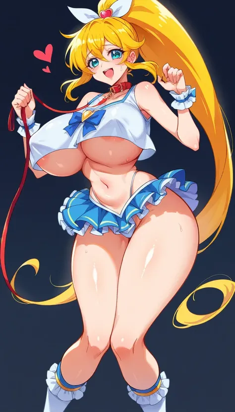 score_9, score_8_superior, score_7_superior, indoor, Black background room,
Break Source_anime, 
Break 1 Girl, Cure Peace, ponytail, Yellow Hair, Choose large nipples, Huge breasts, Happy,  Voice of the Heart, 
Yellow Magical Girl, belly button, Wing hair ...