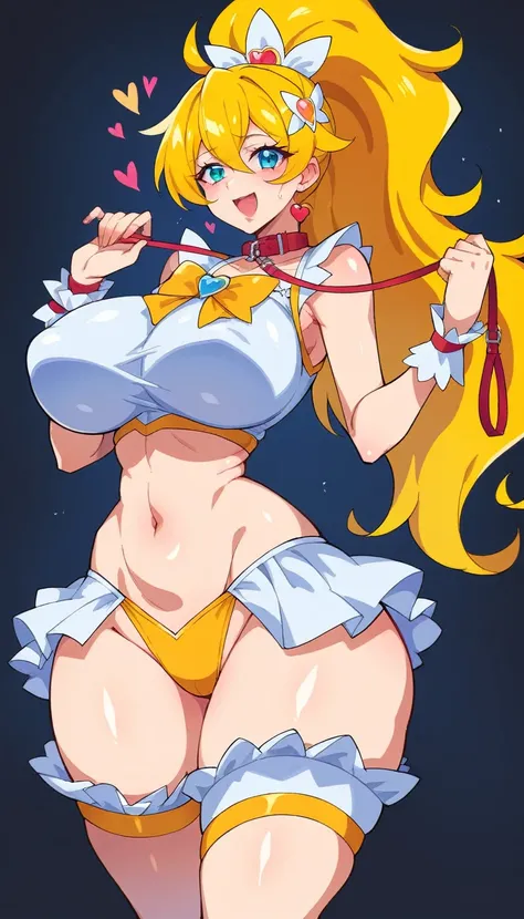 score_9, score_8_superior, score_7_superior, indoor, Black background room,
Break Source_anime, 
Break 1 Girl, Cure Peace, ponytail, Yellow Hair, Choose large nipples, Huge breasts, Happy,  Voice of the Heart, 
Yellow Magical Girl, belly button, Wing hair ...