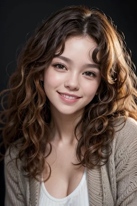 a woman with curly hair is smiling for the camera, a character portrait by Briana Mora, pexels contest winner, american barbizon school, studio portrait, studio photography, stock photo