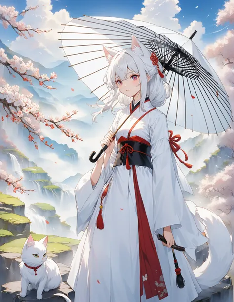 White-haired cat-ear anime girl holding an umbrella, Popular on cgstation, Gu Weiss, artwork in the style of Gu Weiss, by Shitao, author：Yang J, by Qu Leilei, Popular on cgstation内容, by Li Fangying, White fox, author：Cold plum, xianxia fantasy